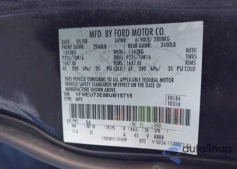 2008 Ford Explorer Xlt from USA, damaged, VIN 1FMEU73E88UB15715